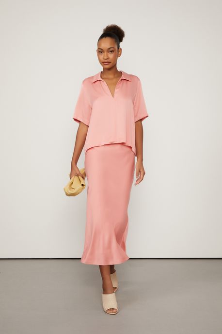 Saia De Seda Midi Rosa Cós De Elástico Rosa Strawberry - 38