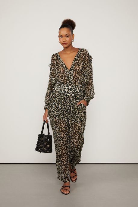 Calça Cenoura Cós Pala Drapeado Estampada Est Liberty Camomila Preto p - 36