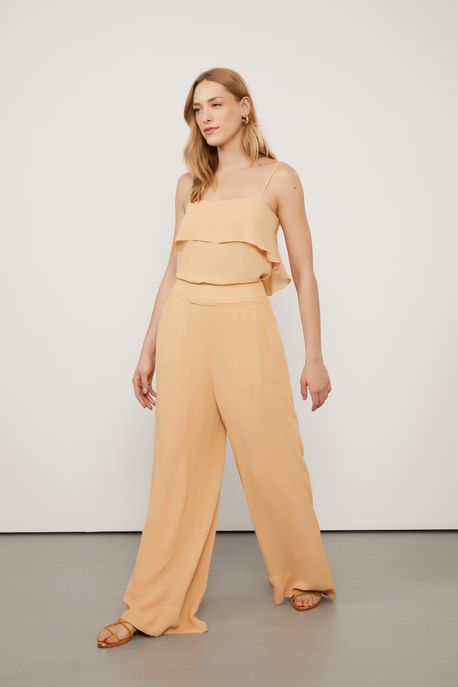 Calça De Georgette Pantalona Bege Com Detalhe a Fio Bege Praia - 34