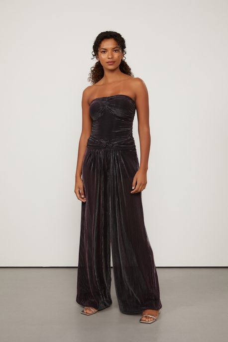 Calça Pantalona Listra Metalic Com Cós Torcido Preto/Rosa - G