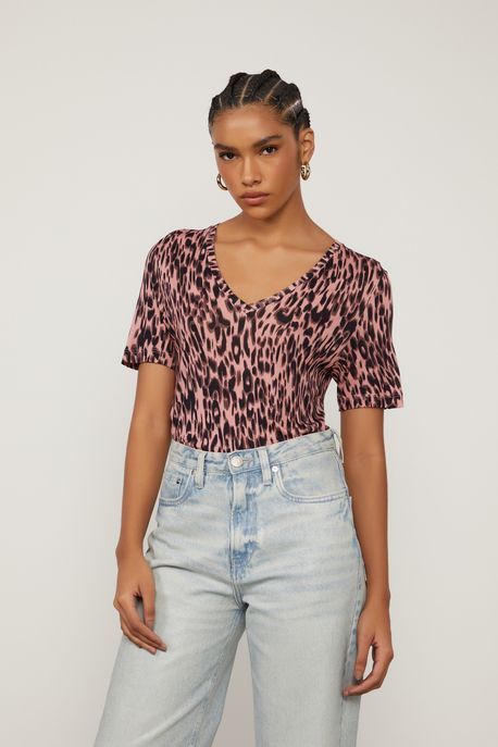 T-Shirt De Malha Estampada Com Decote v Est Onca Nite Color p - PP