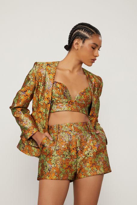 Top Cropped Mini Flower Com Recorte Marrom Nozes - 40