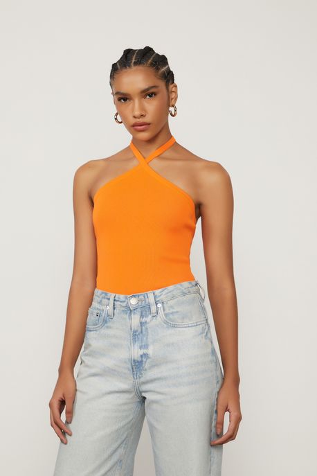 Blusa De Tricot Laranja Com Amarração Nas Costas Laranja Vibrante - M
