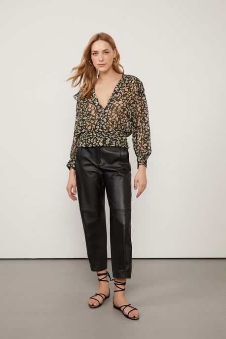 Blusa Manga Longa Estampa Decote v Est Liberty Camomila Preto p - 40