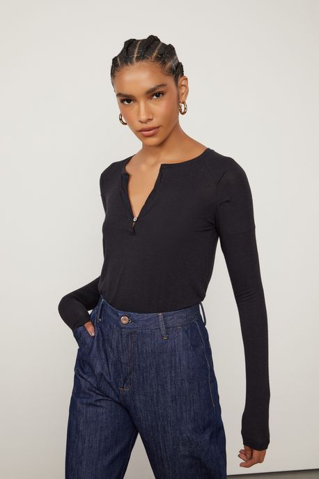 Blusa De Malha Com Decote v e Manga Longa Raglan Preto - PP
