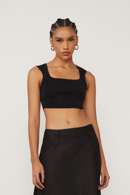 Top De Tricot Cropped Com Decote Quadrado Básico Preto - M