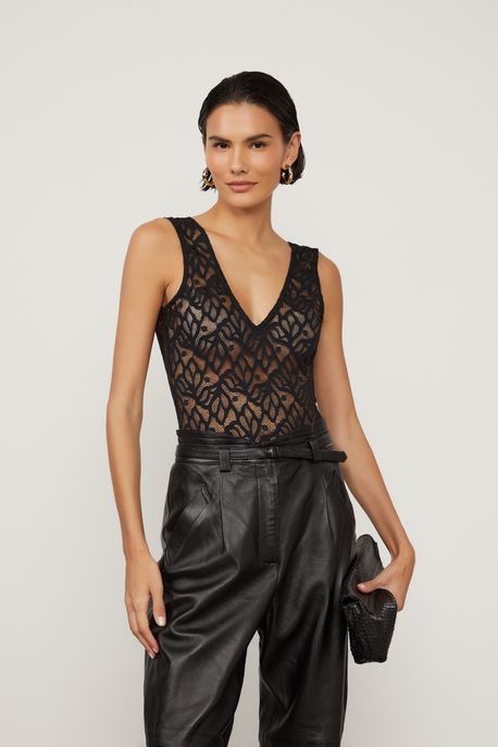 Body De Renda De Alca Com Decote v Preto - 40