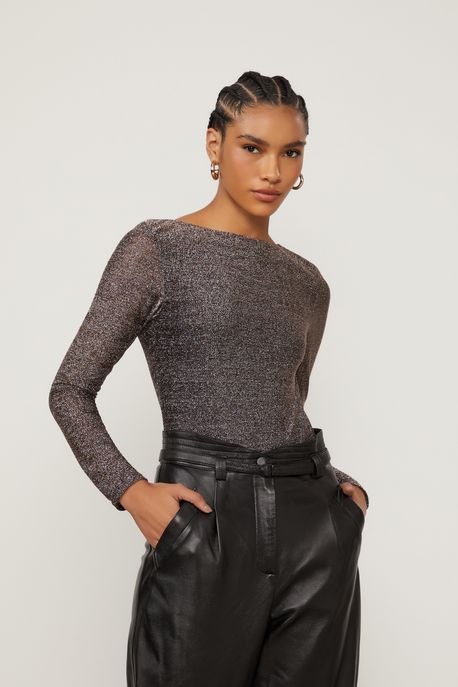 Body De Malha Shine Com Manga Longa Preto - PP