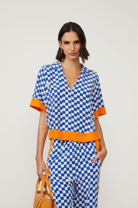 Camisa De Georgette Pesado Polo Manga Cruta Estampada Est Xadrez Daisy Kirli e Cannes - 36