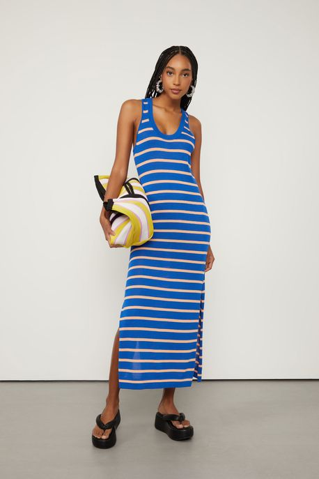 Vestido De Tricot Regata Midi Listrado Listrado Azul Cannes e Laranja Aura - M