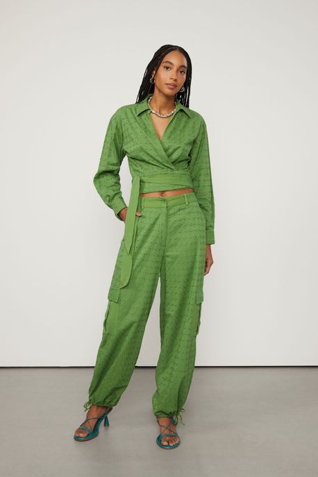 Calça De Laise Mix Tecidos Amarração Verde Kale - M