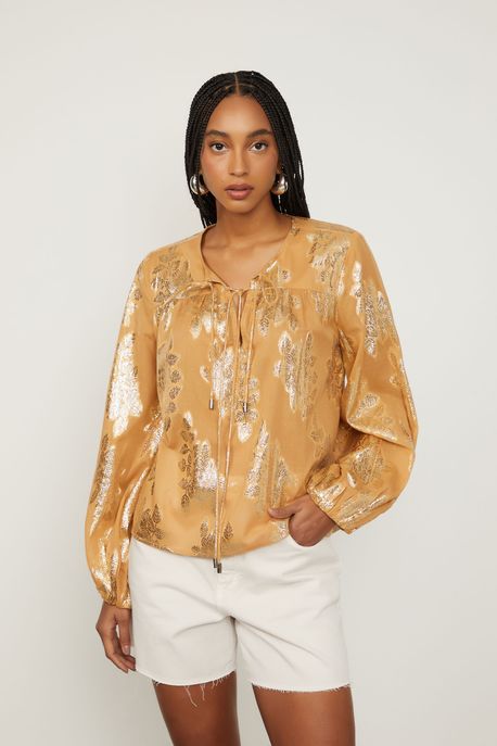 Blusa Bata De Jacquard Dourado Off White - M