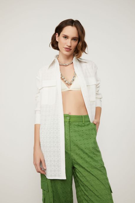Camisa Longa De Laise Mix De Tecidos Off White - M