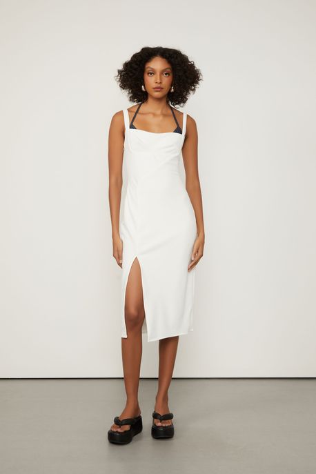 Vestido Midi Decote Reto Com Fenda Off White - G