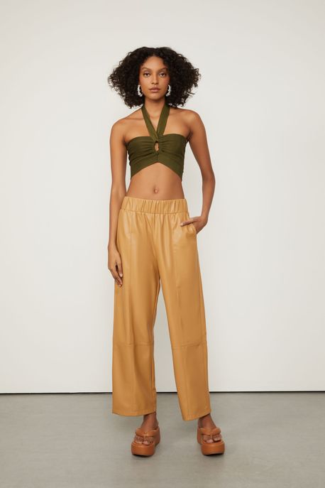 Calça Like Leather Com Cós De Elástico Marrom Nozes - P