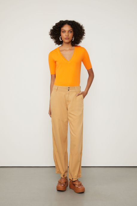 Calça Sarja Wide Leg Com Regulador Na Barra Marrom Nozes - 44