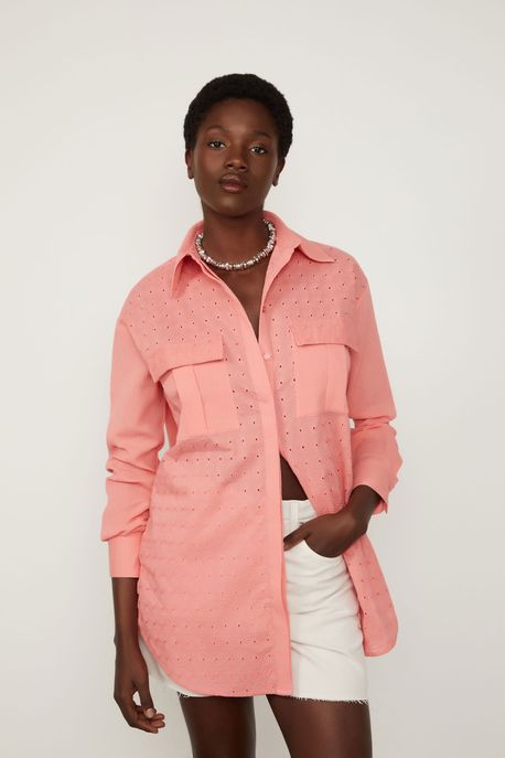 Camisa Longa De Laise Mix De Tecidos Rosa Strawberry - M