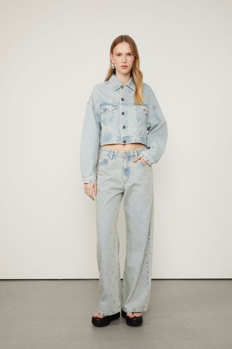 Jaqueta Jeans Cropped Com Monograma Hot Fix Jeans Claro - M