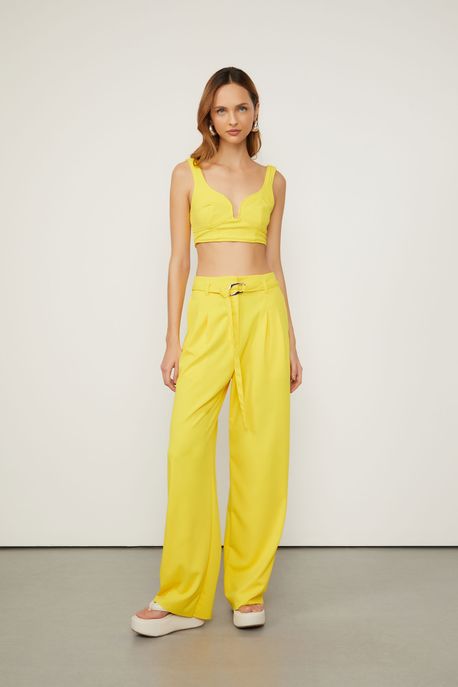 Calça Pantalona Com Cinto Amarelo Narciso - P