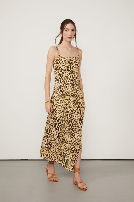 Vestido Longo Com Alca e Fenda Lateral Est Onca Aquarela Forte Color p - 36