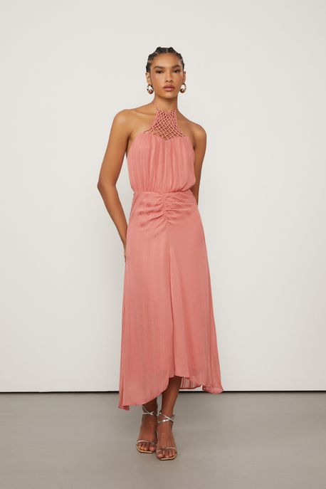 Vestido De Georgete Midi Rosa Frente Única Macramê Rosa Mosqueta - 38