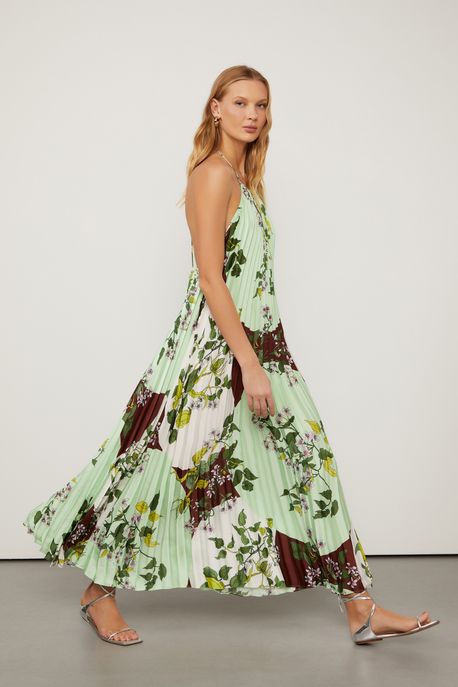 Vestido Longo Plissado Frente Única Estampado Est Floral Garden Rum e Vivo m - 42