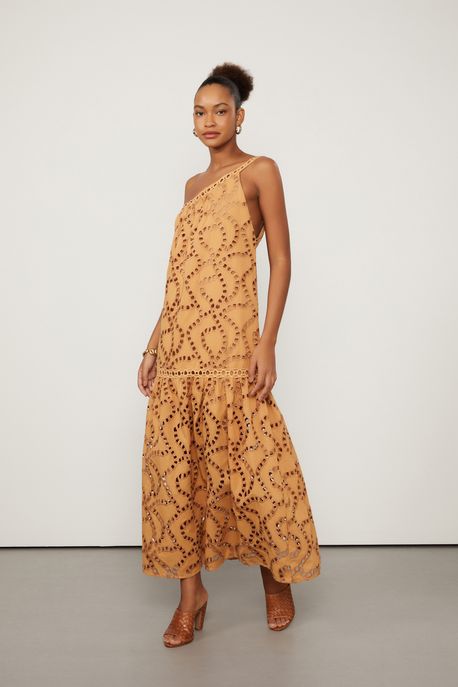 Vestido De Algodão Longo Com Um Ombro Só Correntes Marrom Nozes Marrom Nozes - 38