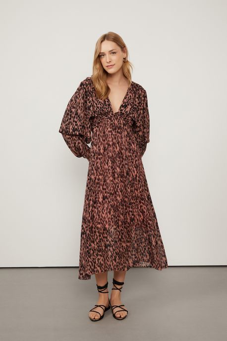 Vestido De Georgette Leve Manga Longa Camada Estampado Est Onca Nite Strawberry p - 36