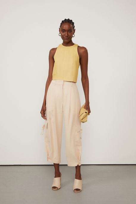 Calça De Crepe Com Botões Na Perna Bege Madeira Bege Madeira - 44