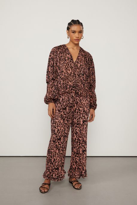 Calça De Georgette Pesado Reta Barra Babados Estampada Est Onca Nite Strawberry p - 36