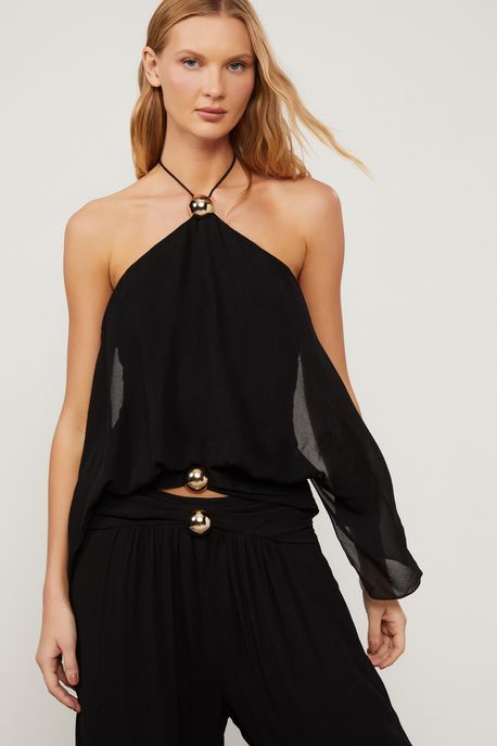 Top De Georgette Pesado Frente Única Preto Preto - 44