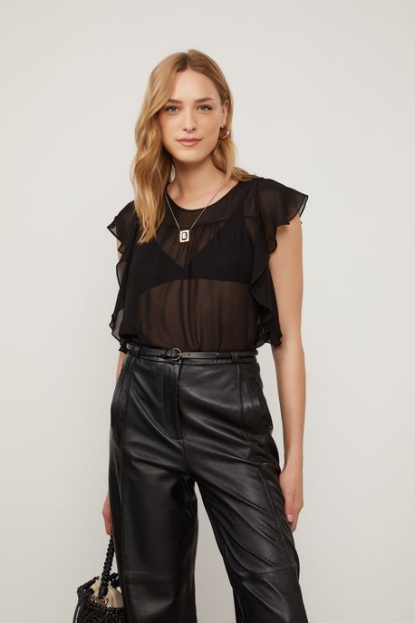 Bata De Georgette Preta Com Manga Curta Preto - 38