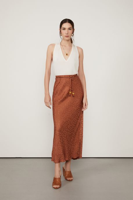 Saia Jacquard Midi Marrom Cós De Elástico Marrom Biscoito - 38