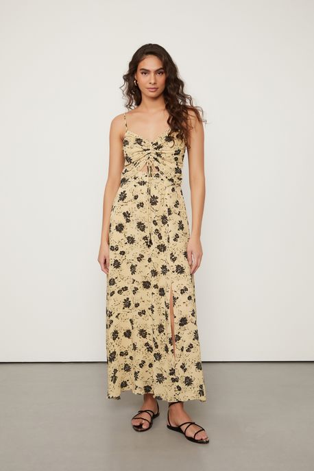 Vestido De Georgette Midi Franzido Frente Estampado Floral Carimbo Golden - 38