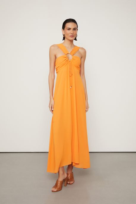 Vestido De Georgette Laranja Com Túneis No Decote Laranja Vibrante - 38