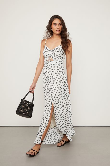 Vestido De Georgette Midi Franzido Frente Estampado Est Gravataria Flor Kirli e Preto - 38