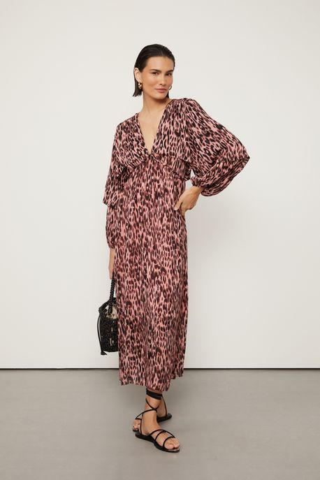 Vestido De Georgette Leve Manga Longa Camada Estampado Est Onca Nite Color p - 42