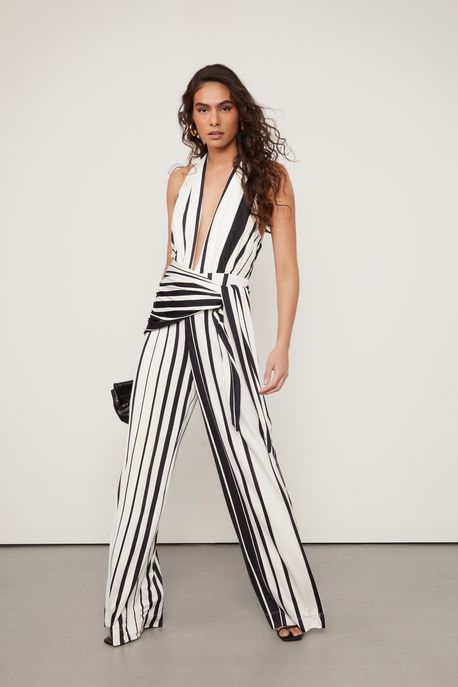 Macacão De Malha Longo Listrado Com Decote Degage Listra Alquimia Preto e Kirli - G