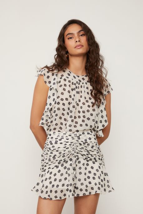 Short Saia De Georgette Com Franzido Central Estampado Est Gravataria Flor Kirli e Preto - 42