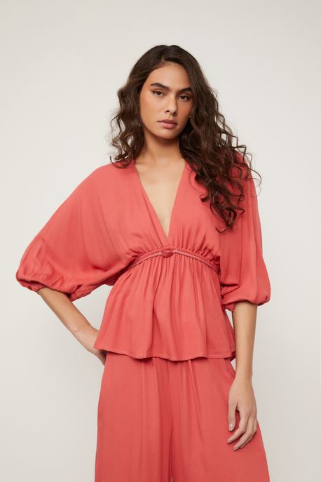 Bata De Viscose Maquinetada Manga Morcego Detalhe Corda Amarração Vermelha Vermelho Argila - 44