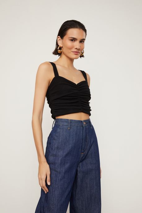 Cropped De Malha Com Franzido Central Preto - M