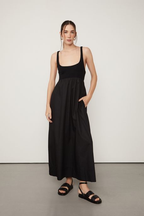 Vestido Longo De Alça Com Top De Malha e Saia De Algodão Preto Preto - 44