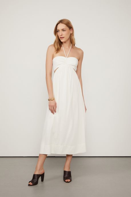 Vestido Midi Decote Reto Franzido Detalhe Abertura Lateral Lastex Nas Costas Off White Off White - 42