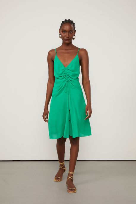 Vestido De Georgette Verde Curto Com Franzido Verde Folha - 36