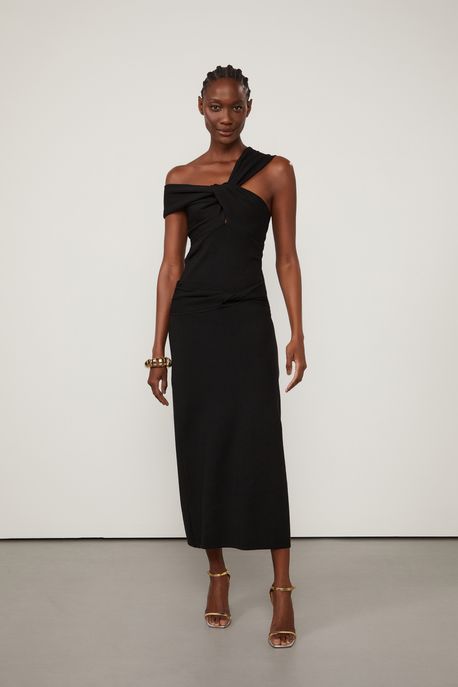 Saia Midi De Tricot Preta Com Torcao Preto - G