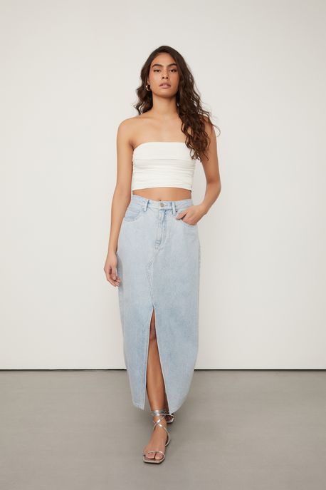 Saia Midi Jeans Com Fenda Jeans Medio - 42