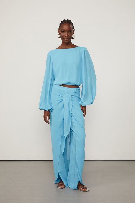 Calça De Georgette Pesado Pareô Azul Cintura Alta Azul Grotto - 36