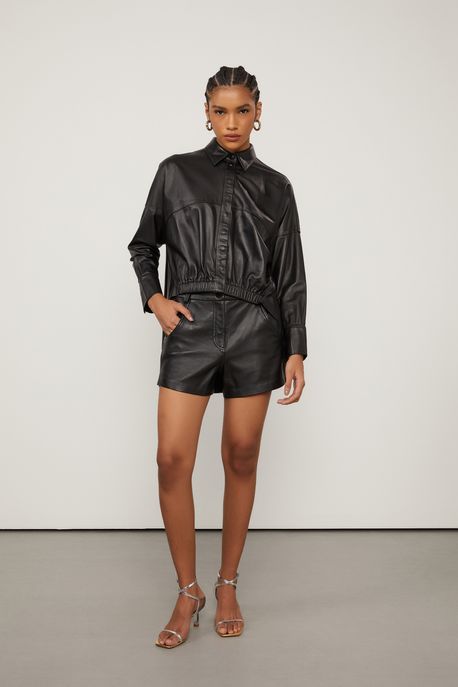 Camisa De Couro Elástico Frontal Barra Preto - 44
