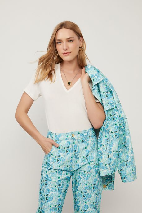 T-Shirt De Malha Com Decote v Off White - M