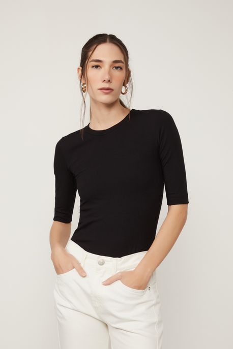 Blusa De Malha Canelada Com Manga Média Preto - PP
